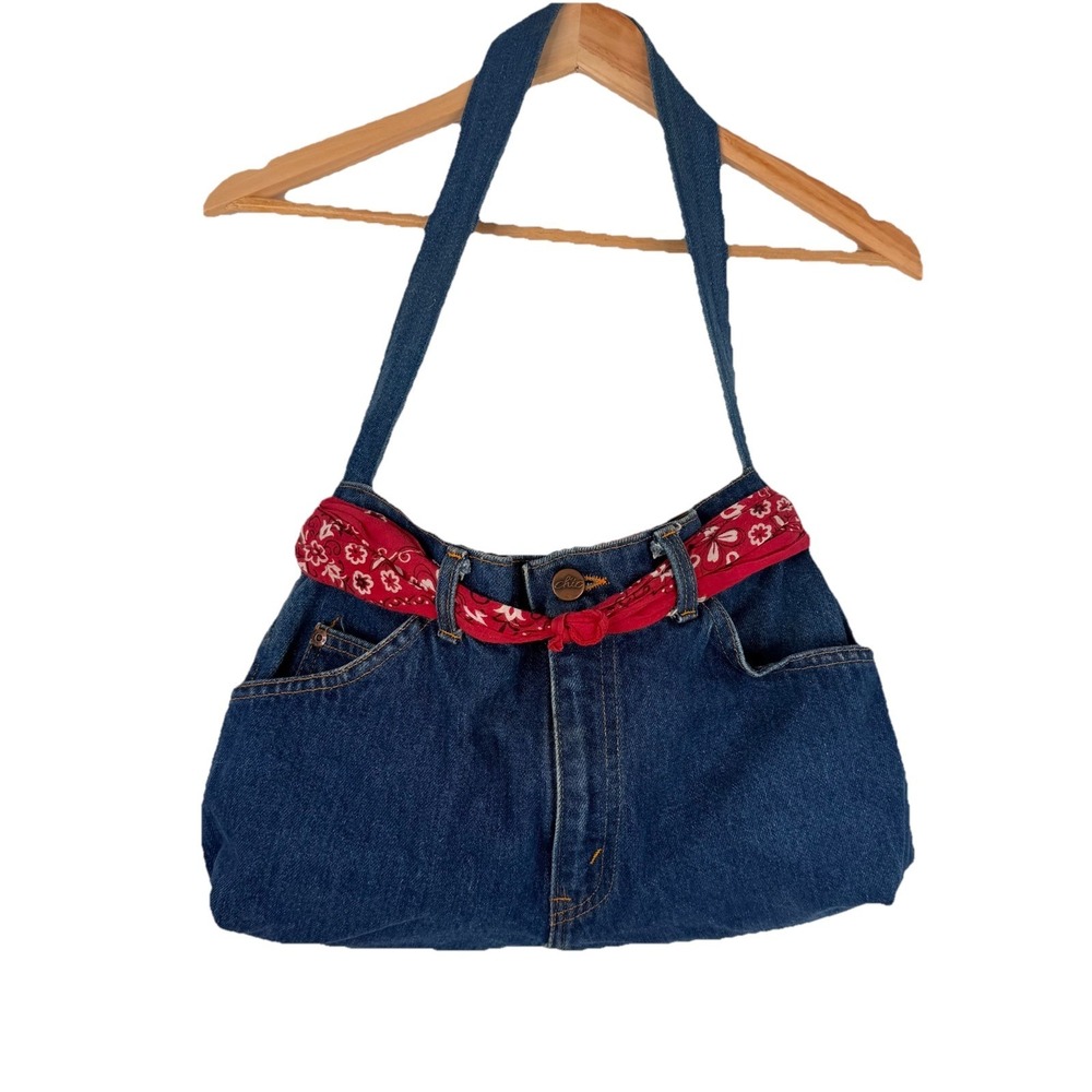 Vintage H.I.S  CHIC Blue Jean Shoulder‎ Bag Red Bandana Belt Tote Purse 15X9
